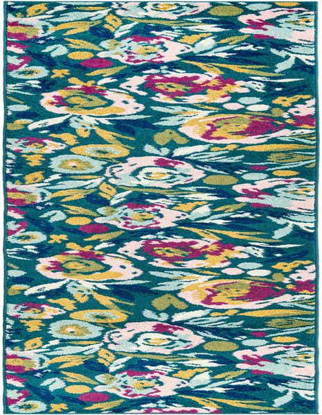 A 12 ft runner rug featuring a vibrant modern floral pattern in shades of blue, green, pink, and yellow.
