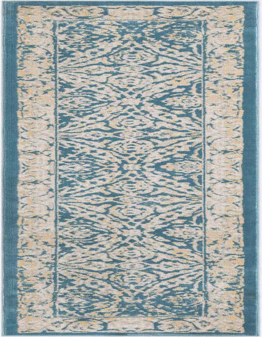 A 10 ft runner rug in shades of blue and cream, featuring a distressed traditional medallion pattern with a thin pile, ideal for a hallway.