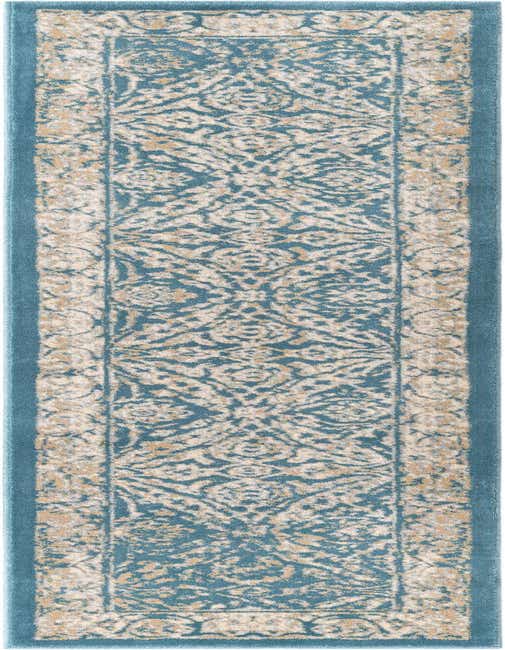 A long 8 ft runner rug featuring a distressed Oriental pattern in shades of teal blue and cream with hints of gold, perfect for a hallway.