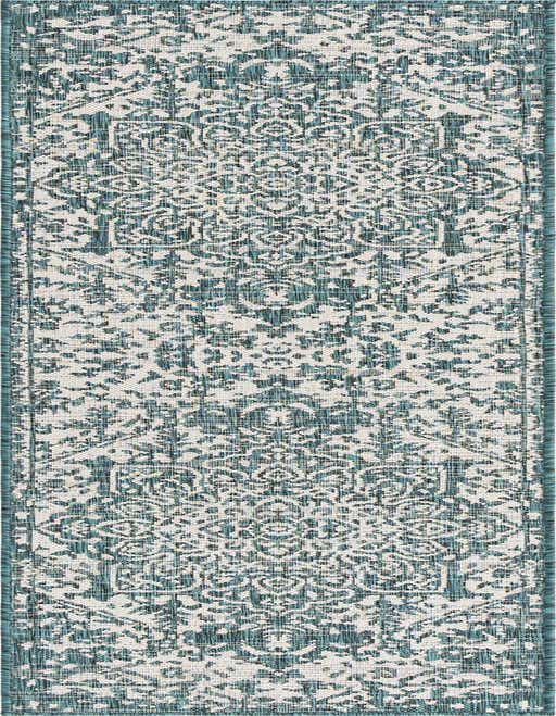 A long 8 ft runner rug with a teal blue and off-white Mediterranean medallion pattern, ideal for a hallway or patio.