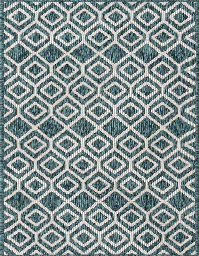 A 6 ft runner rug featuring a repeating geometric trellis pattern in shades of blue and green, with a textured flatweave.