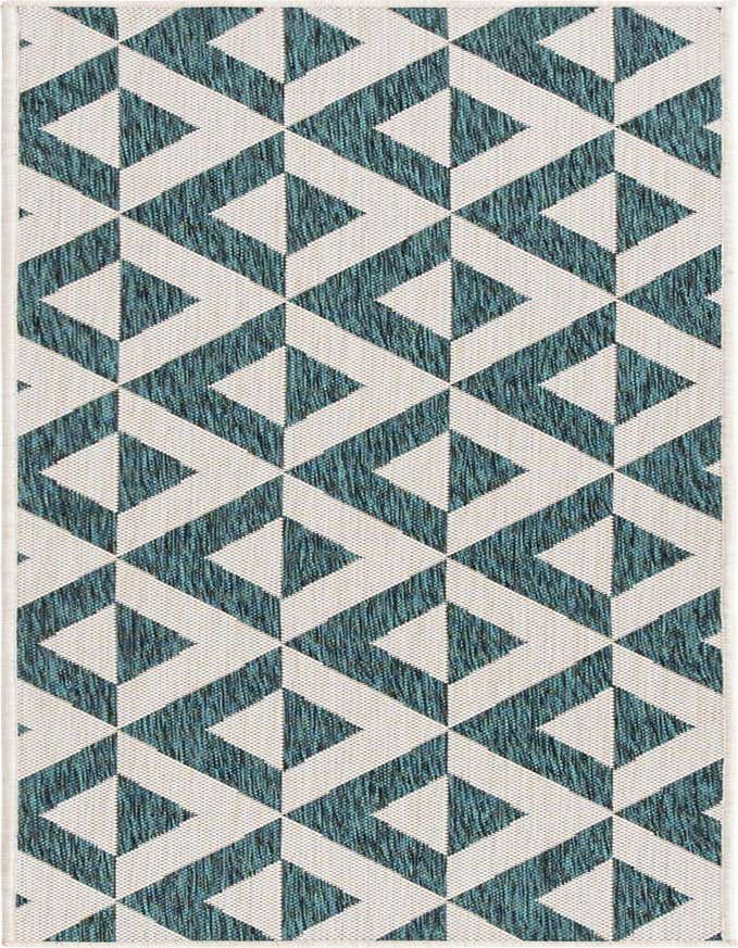 A 6 ft runner rug with a modern geometric trellis pattern in shades of blue and green on a cream background, suitable for a hallway or patio.