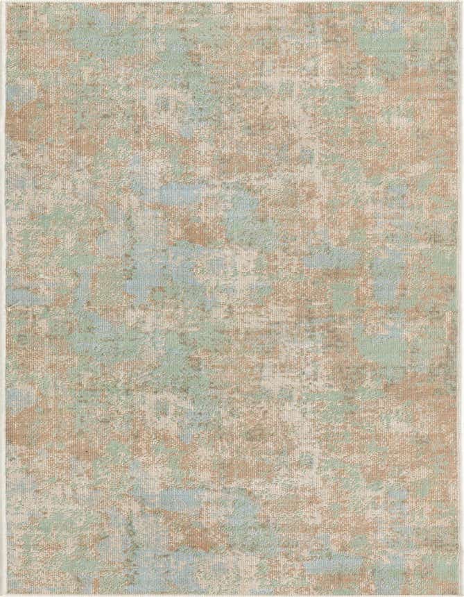 A 6 ft runner rug from the Lotus collection featuring an abstract pattern in blues, greens, and beige.