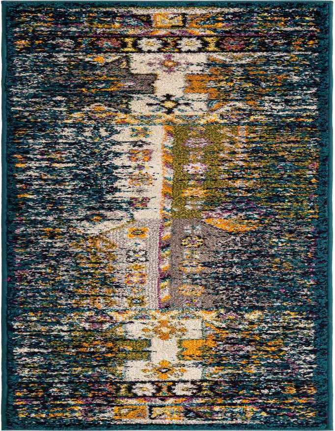 A 6 ft runner rug with a distressed bohemian pattern in shades of blue, green, yellow, and cream.