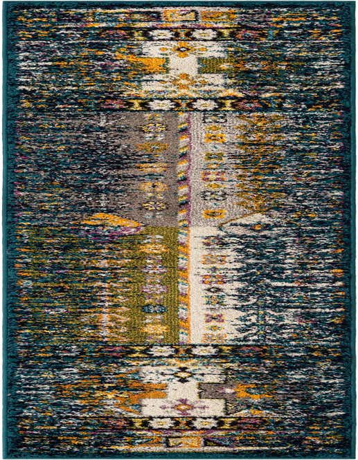 A vibrant 8 ft runner rug featuring a distressed bohemian pattern in teal, gold, grey, and cream.