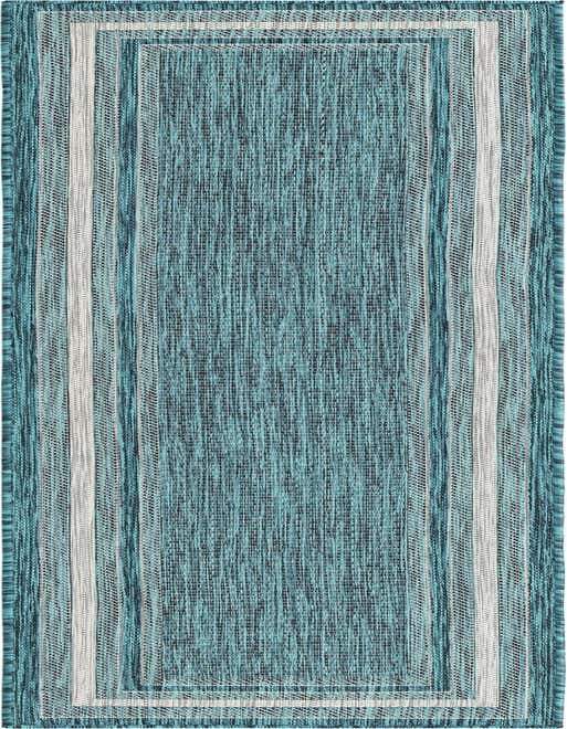 An 8 ft runner rug in shades of blue and green with a textured flatweave and a simple border, suitable for indoor or outdoor use.