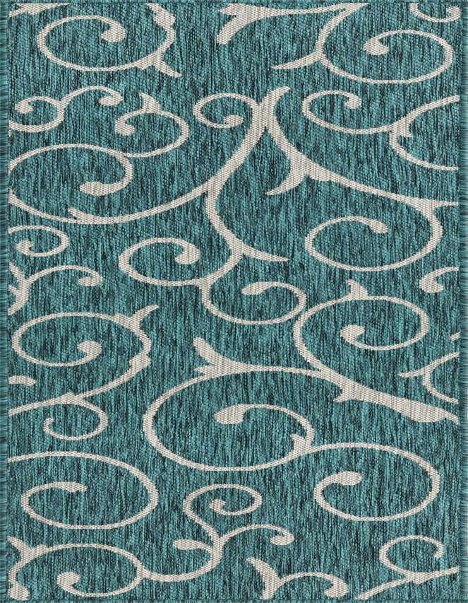 A 6 ft runner rug featuring a teal background with an elegant white botanical scroll pattern, ideal for a hallway or patio.