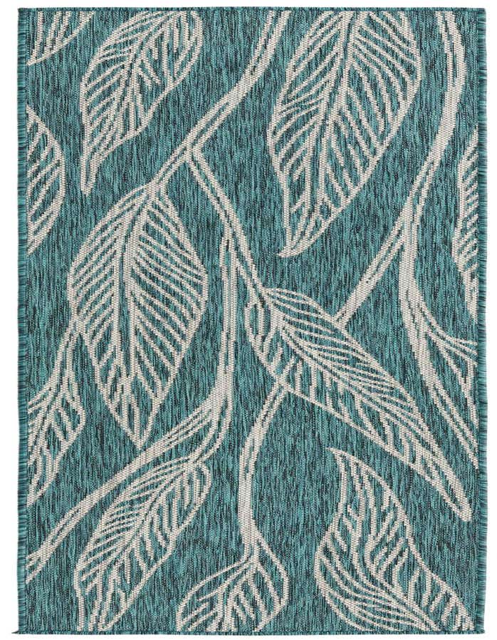 A 6 ft runner rug with a teal background and large, stylized white botanical leaf patterns, suitable for indoor or outdoor use.
