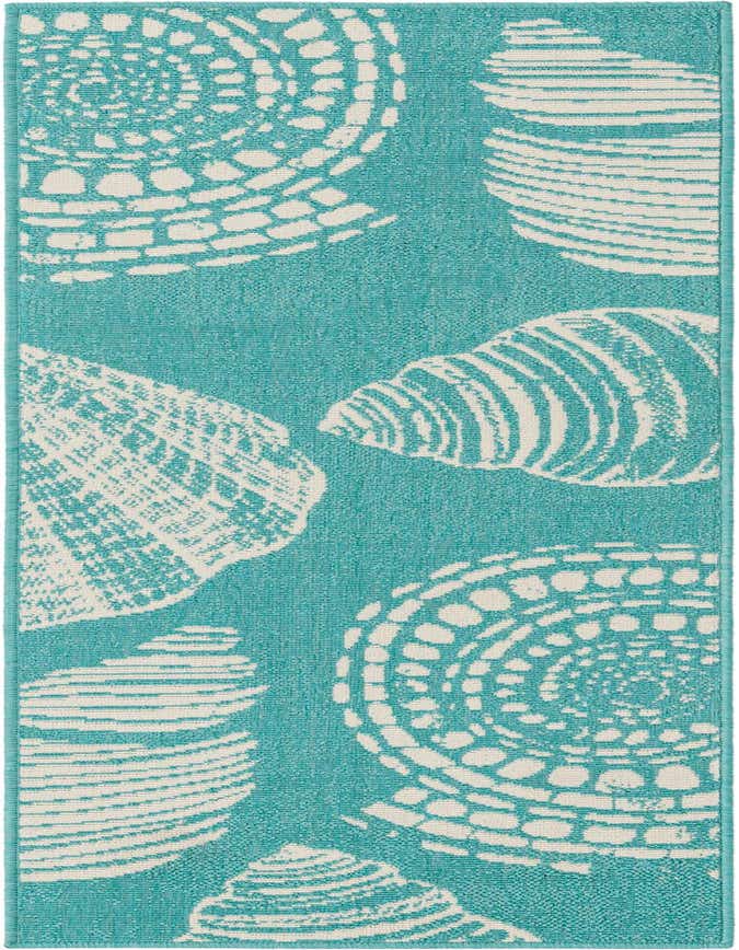 A 6 ft runner rug with a vibrant blue-green background and large white abstract seashell patterns, suitable for a hallway or patio.