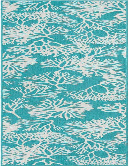 A 12 ft runner rug featuring a vibrant teal background with an intricate white coral pattern, ideal for a hallway or patio.