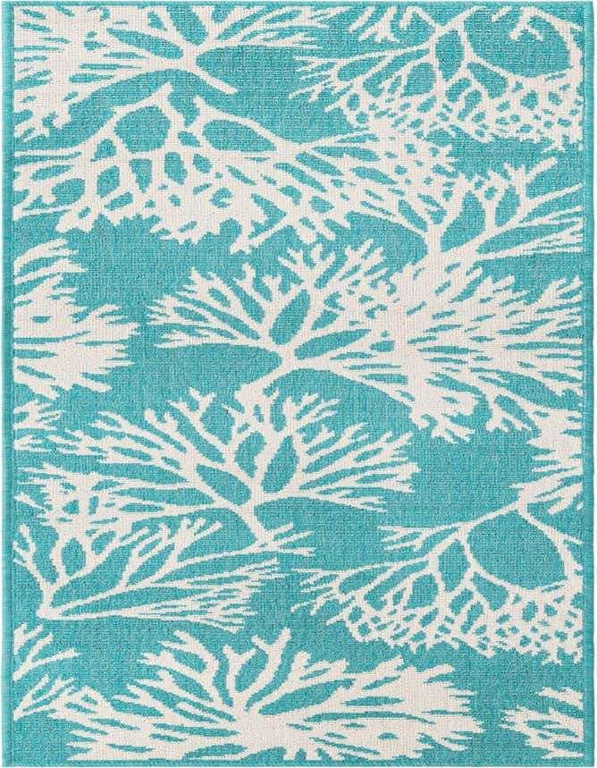 A 6 ft runner rug with a vibrant teal background and an intricate white coral pattern, ideal for a coastal-themed hallway or patio.