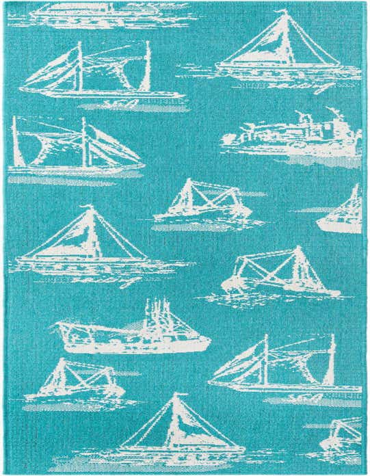 A 10 ft runner rug featuring a playful pattern of white sailboats on a vibrant blue-green background, ideal for a hallway or patio.