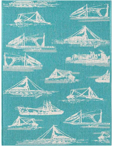 A 12 ft runner rug with a vibrant teal background and white sailboat patterns, ideal for a hallway or patio.