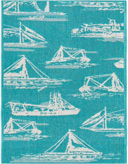 A long, narrow 8 ft runner rug in a vibrant teal blue with white nautical sailboat patterns, suitable for indoor/outdoor use.