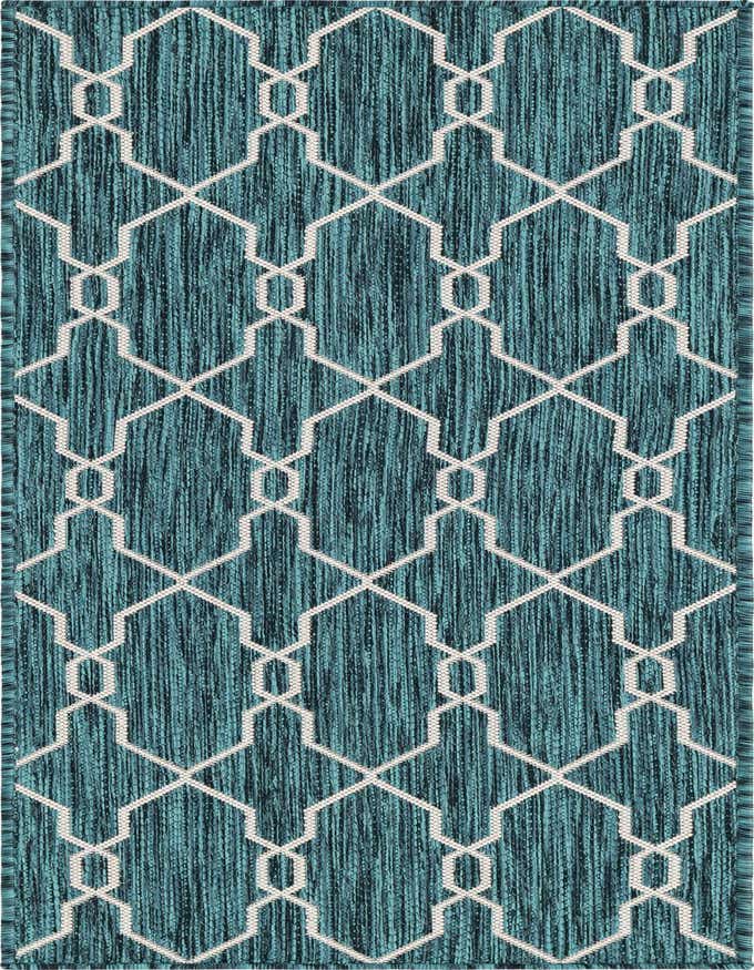 A 6 ft runner rug with a teal and dark blue textured background and a white geometric lattice pattern, suitable for indoor or outdoor use.