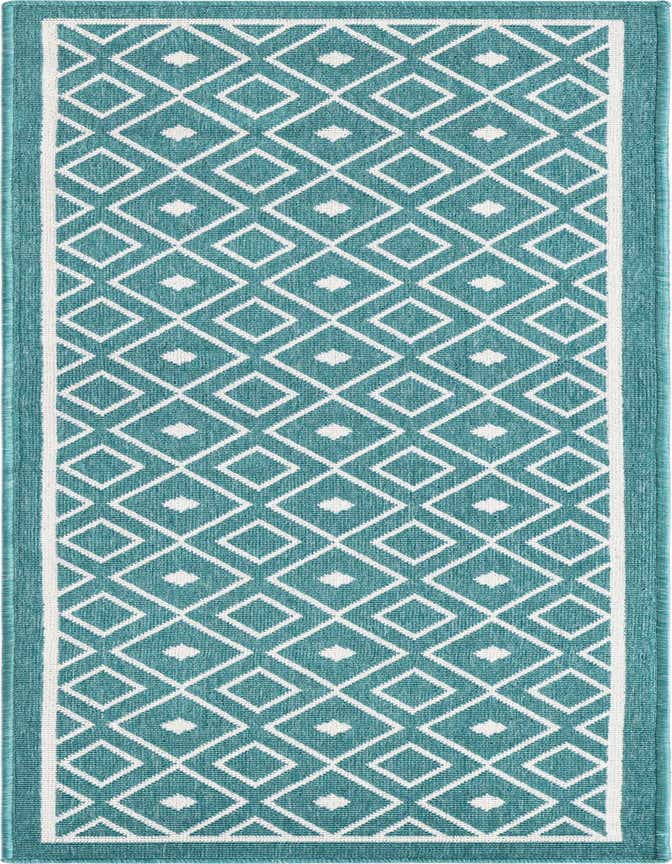A 6 ft runner rug with a teal background and a white geometric lattice pattern, featuring a solid teal border.