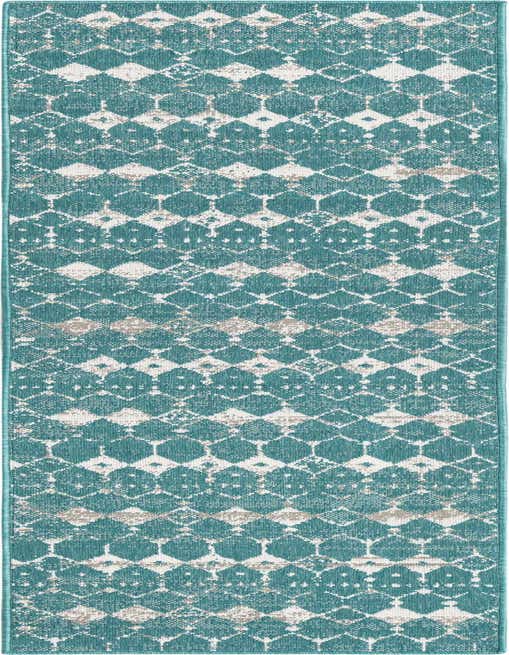 An 8 ft runner rug featuring a distressed teal blue, off-white, and beige trellis pattern, suitable for indoor/outdoor use.