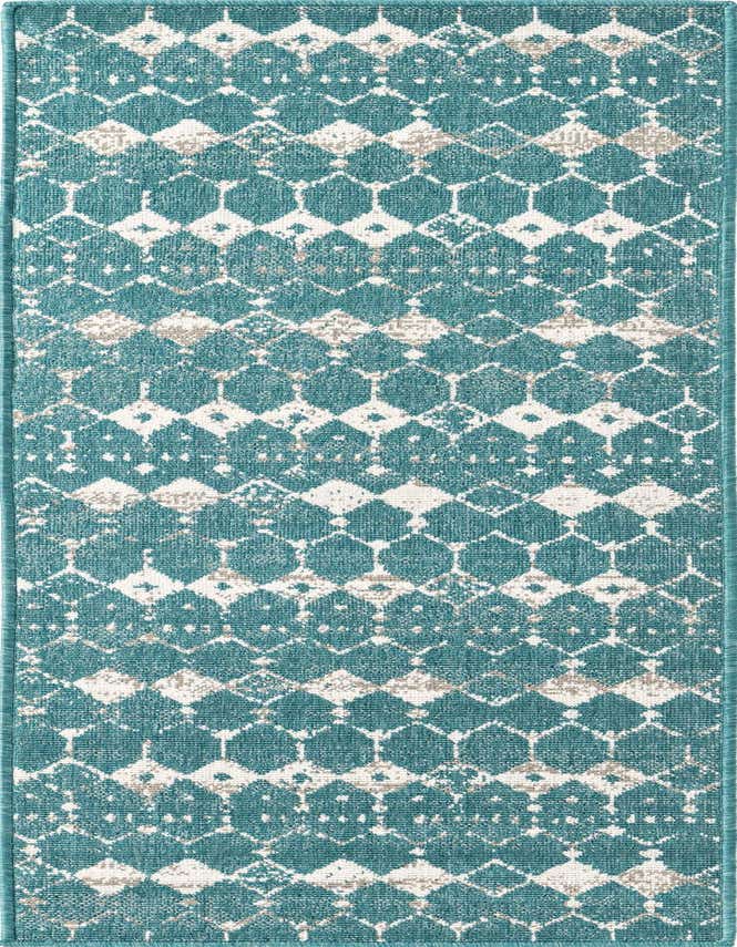 A 6 ft runner rug with a teal blue background and a distressed white and beige transitional geometric pattern, suitable for a hallway or patio.