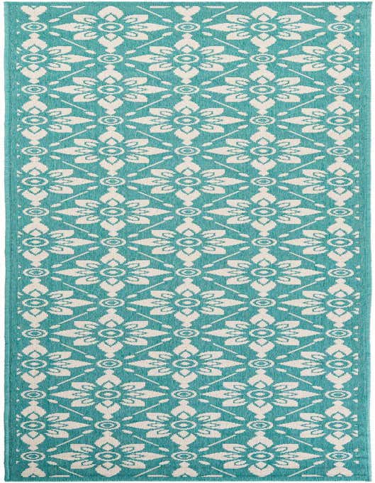 A 10 ft runner rug featuring a repeating modern floral pattern in teal blue and cream, suitable for a hallway or patio.