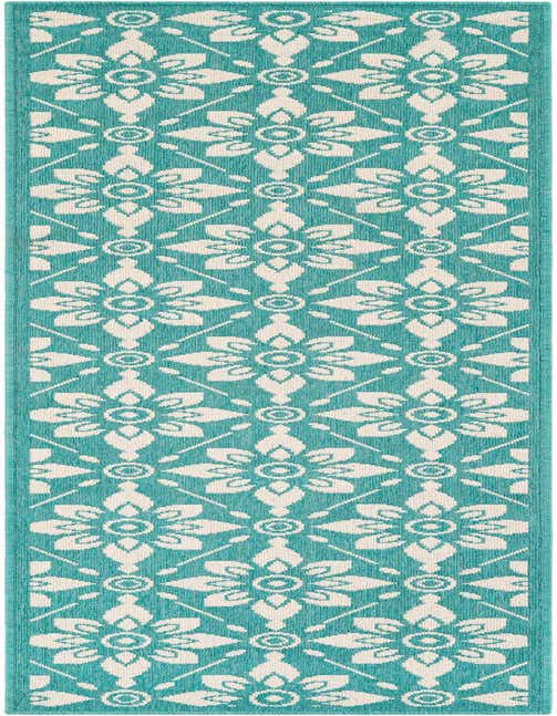 An 8 ft runner rug in a modern floral pattern, featuring teal and cream colors, suitable for indoor/outdoor use.