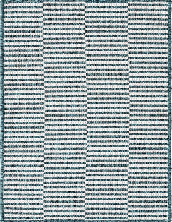 A 6 ft runner rug featuring a modern Scandinavian stripe pattern in varying shades of blue and green, with a flatweave texture.