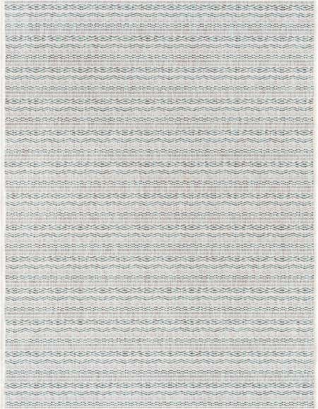 A 12 ft runner rug from the Outdoor Ribbon collection, featuring tribal and contemporary patterns in shades of blue, green, and white.