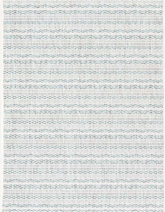An 8 ft runner rug from the Rugs.com Outdoor Ribbon collection, featuring a modern tribal pattern in shades of blue and green on a light background.