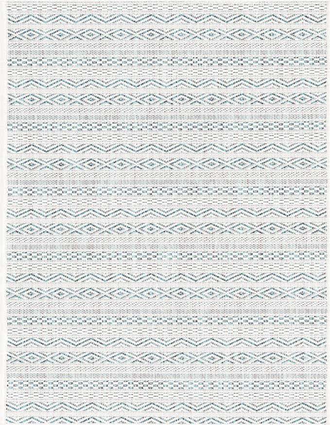 A 6 ft runner rug featuring a modern tribal pattern with alternating stripes of blue and green geometric designs on a light background.