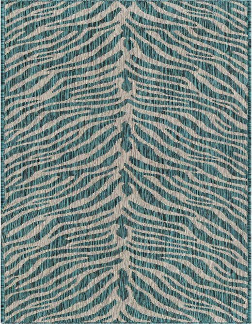 A blue and beige 8 ft runner rug with a modern, abstract stripe pattern, suitable for a hallway or patio.