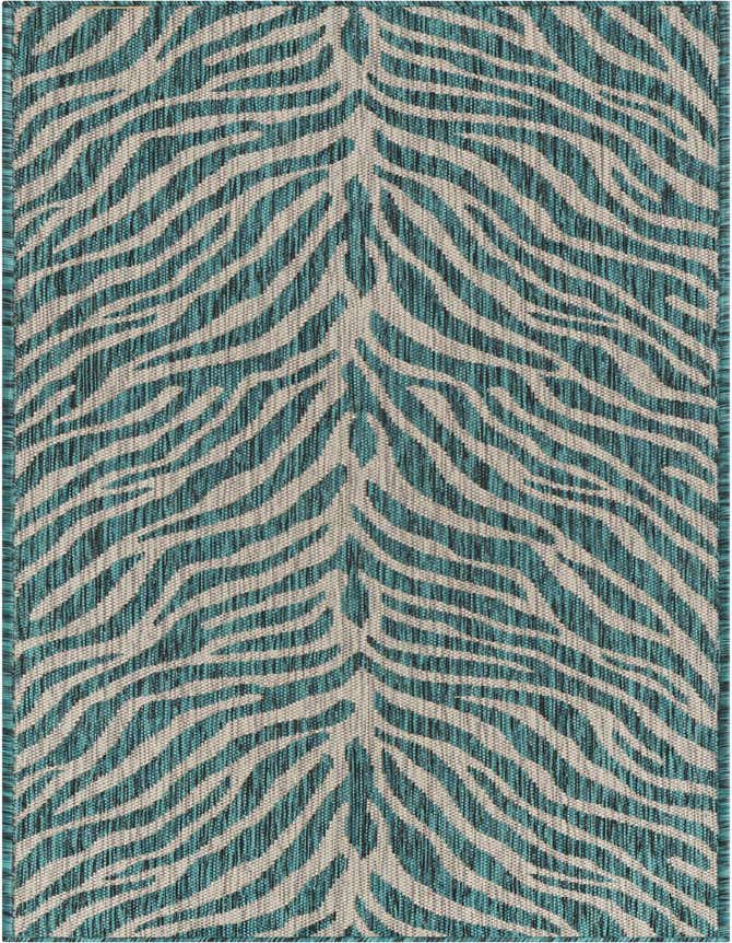 A 6 ft runner rug featuring a modern teal and beige stripe pattern, suitable for indoor/outdoor use.