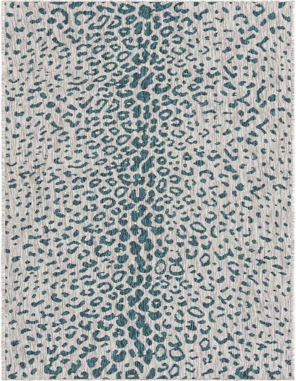 A 10 ft runner rug with a modern blue and green leopard print pattern on a light background, suitable for indoor or outdoor use.