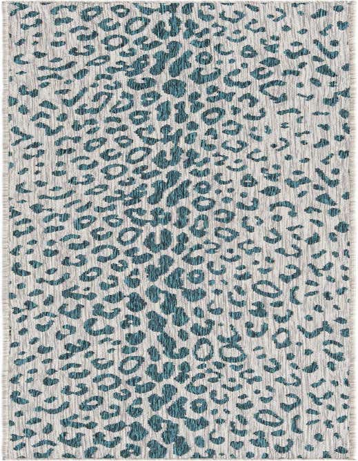 A long runner rug featuring a modern leopard print pattern in teal blue and light grey, ideal for a hallway or patio.