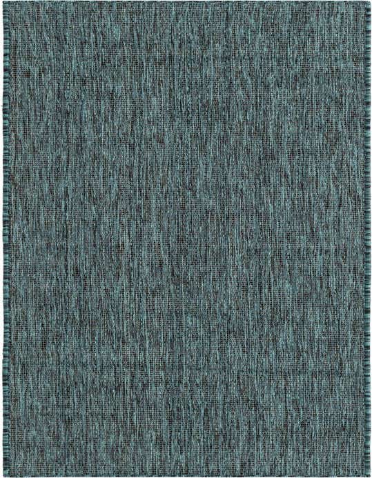 A textured 8 ft runner rug in shades of blue and green, suitable for indoor or outdoor use.