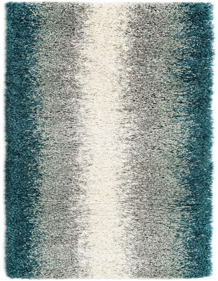 A soft, plush 6 ft runner rug with a modern design featuring a gradient of teal, grey, and white shag pile.