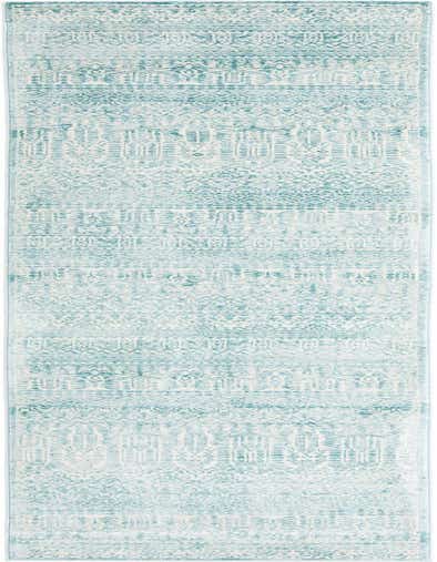 A 14 ft runner rug in shades of blue and green, featuring a distressed traditional Oriental pattern with stripes, ideal for a hallway.