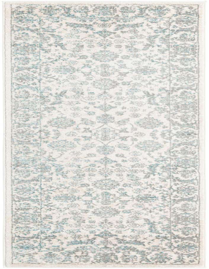 A 6 ft runner rug featuring a distressed traditional Oriental pattern in light blue and gray on a cream background, ideal for a hallway.