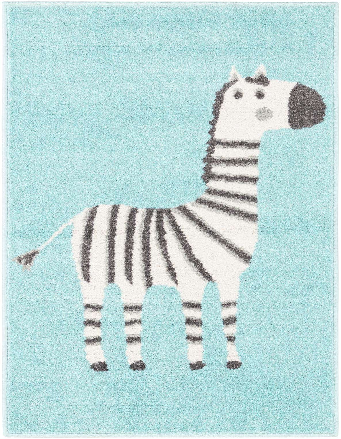 A 4 ft runner rug featuring a playful white and black striped zebra on a vibrant blue background, perfect for a kids' room or hallway.