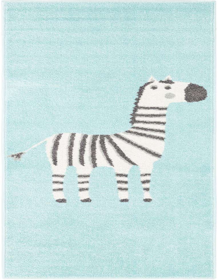 A light blue 6 ft runner rug featuring a playful white and gray striped zebra design, ideal for a child's room or hallway.