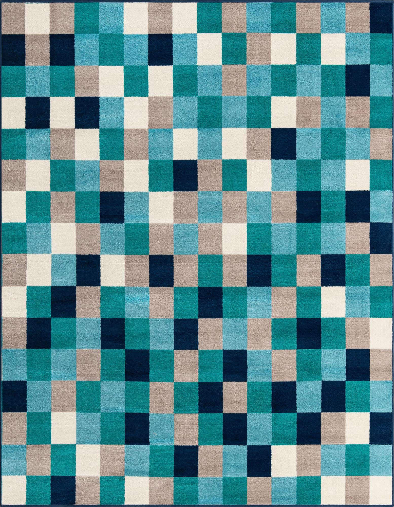 A square Azalea rug featuring a modern checkered pattern in varying shades of blue, teal, beige, and cream.