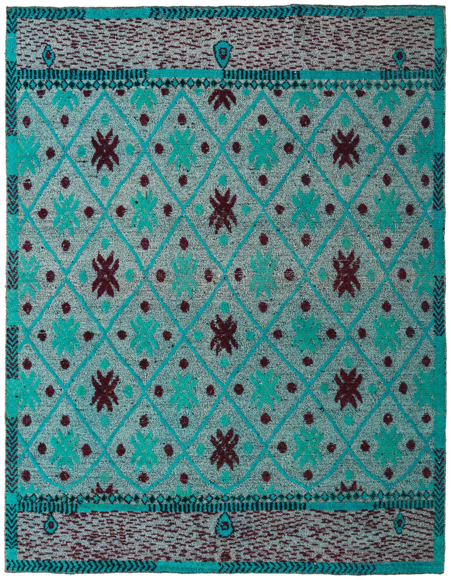 A square 8' 6 x 9' 7 Darya rug featuring a modern pattern of teal diamonds and floral motifs on a light blue background, with burgundy accents.