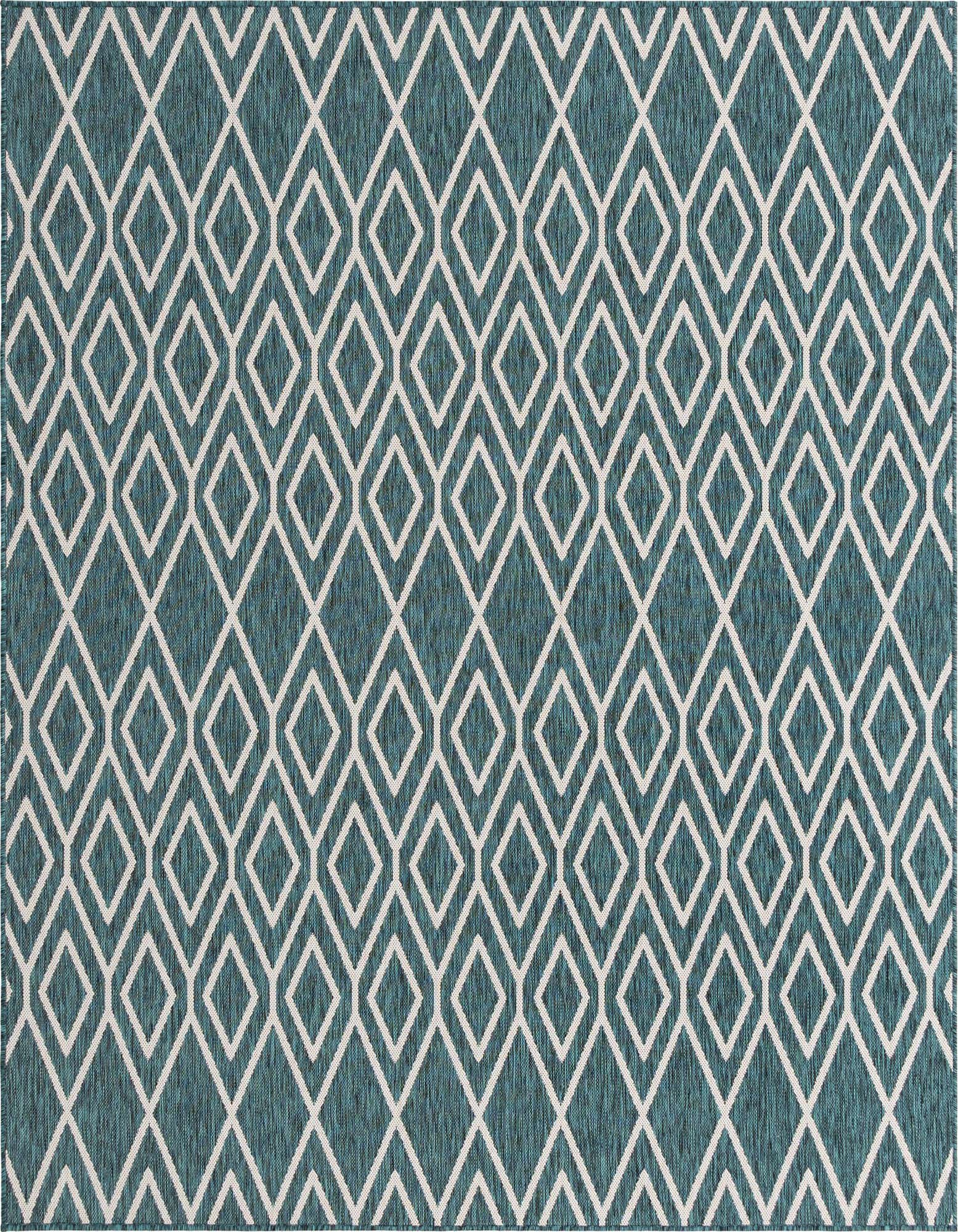 A 7' 10 x 7' 10 square blue and white geometric trellis rug with a textured flatweave, suitable for indoor or outdoor use.