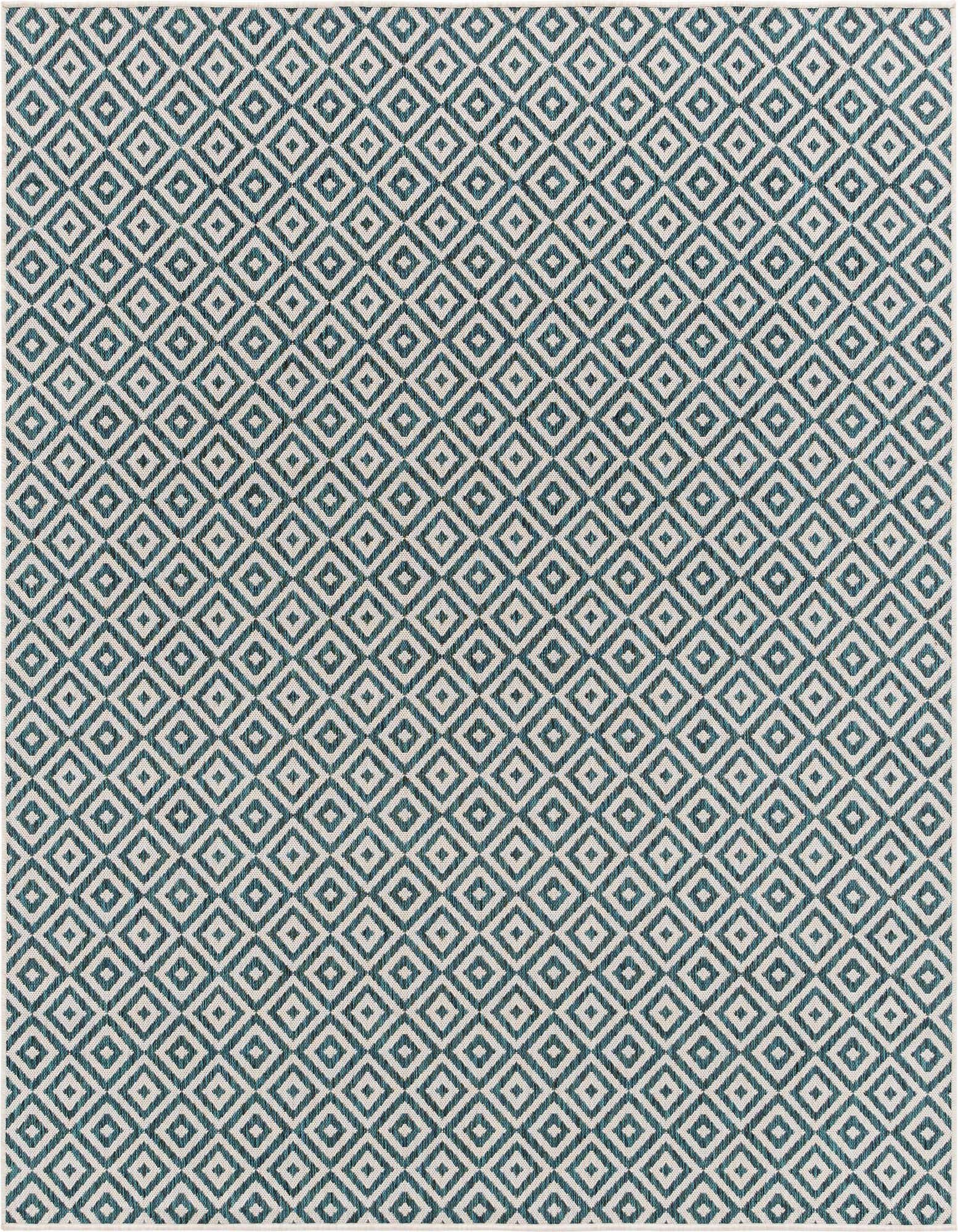 A 7' 10 x 7' 10 square blue and white geometric trellis rug, suitable for indoor or outdoor use.