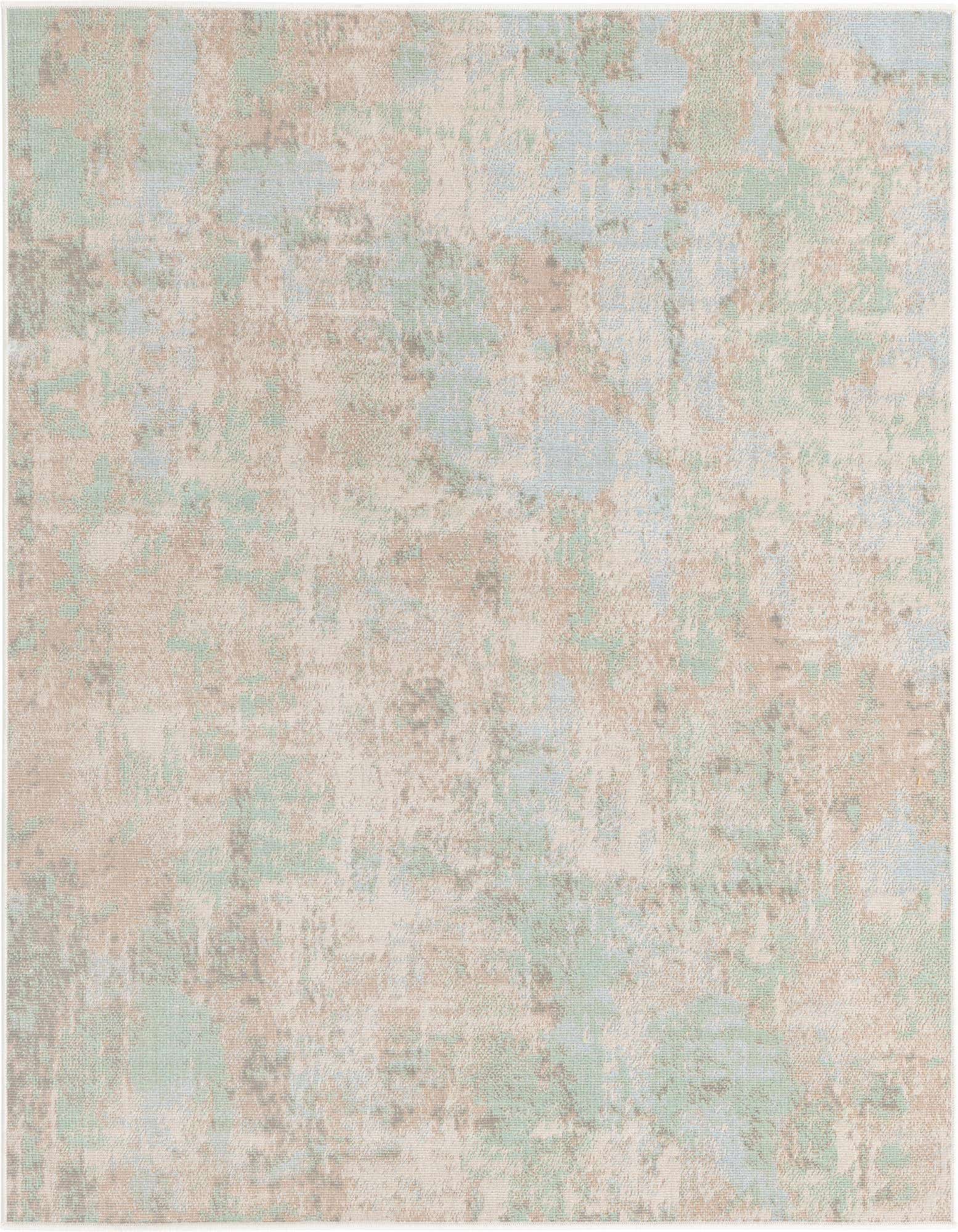 A 5' 0 x 5' 0 square Rugs.com Lotus rug featuring an abstract, distressed pattern in blues, greens, and beige tones.