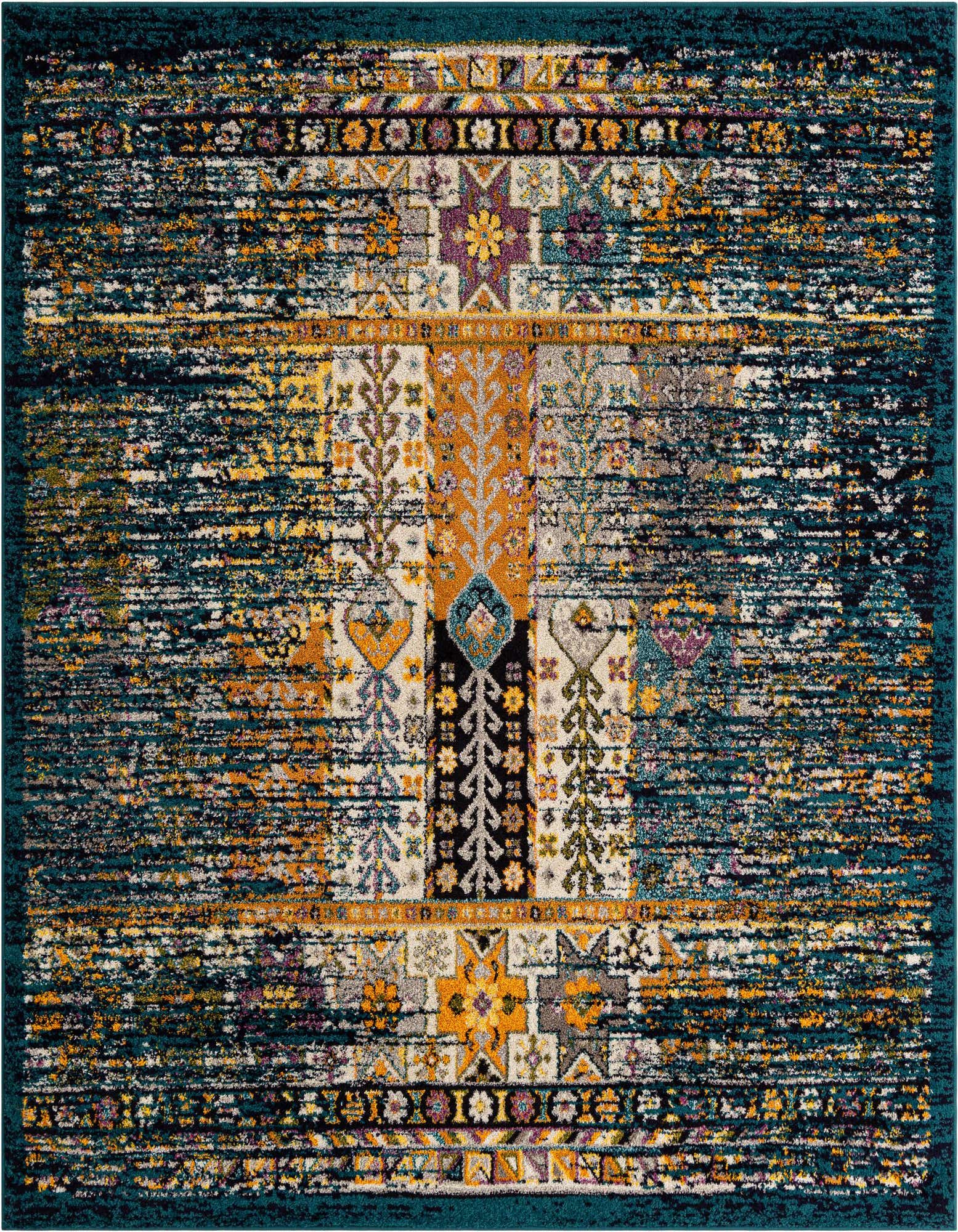 A square area rug featuring a distressed bohemian pattern in shades of blue, green, yellow, and purple.