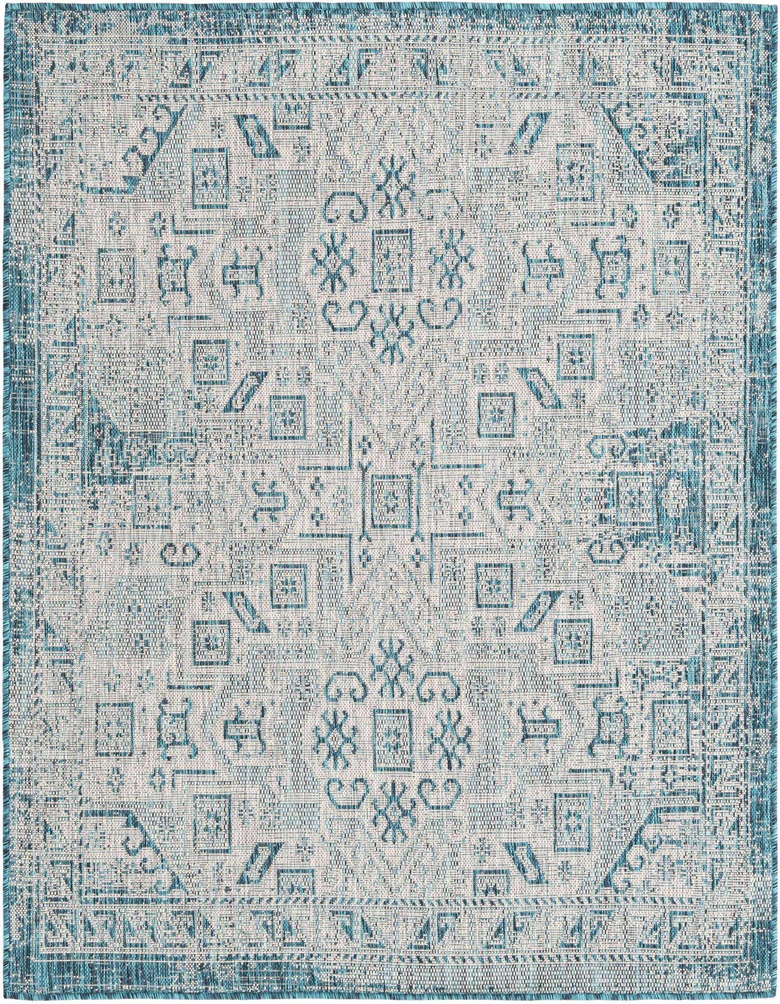 A 5' 3 x 5' 3 square Rugs.com Outdoor Aztec rug featuring a distressed tribal pattern in shades of blue and green on a light background, suitable for a patio.