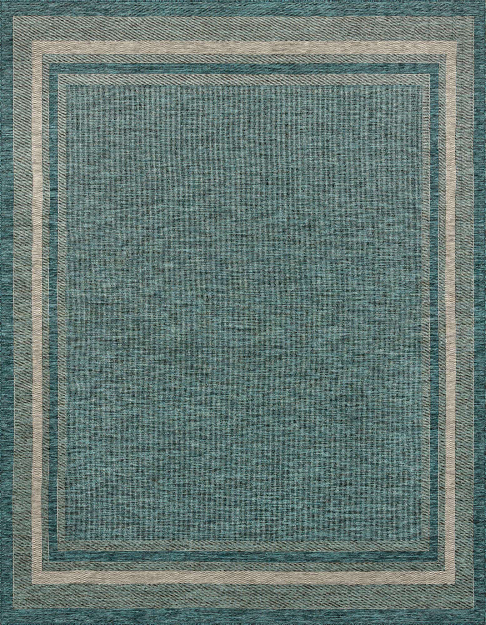 A 13' square teal and blue flatweave rug with a modern striped border, suitable for indoor or outdoor use.