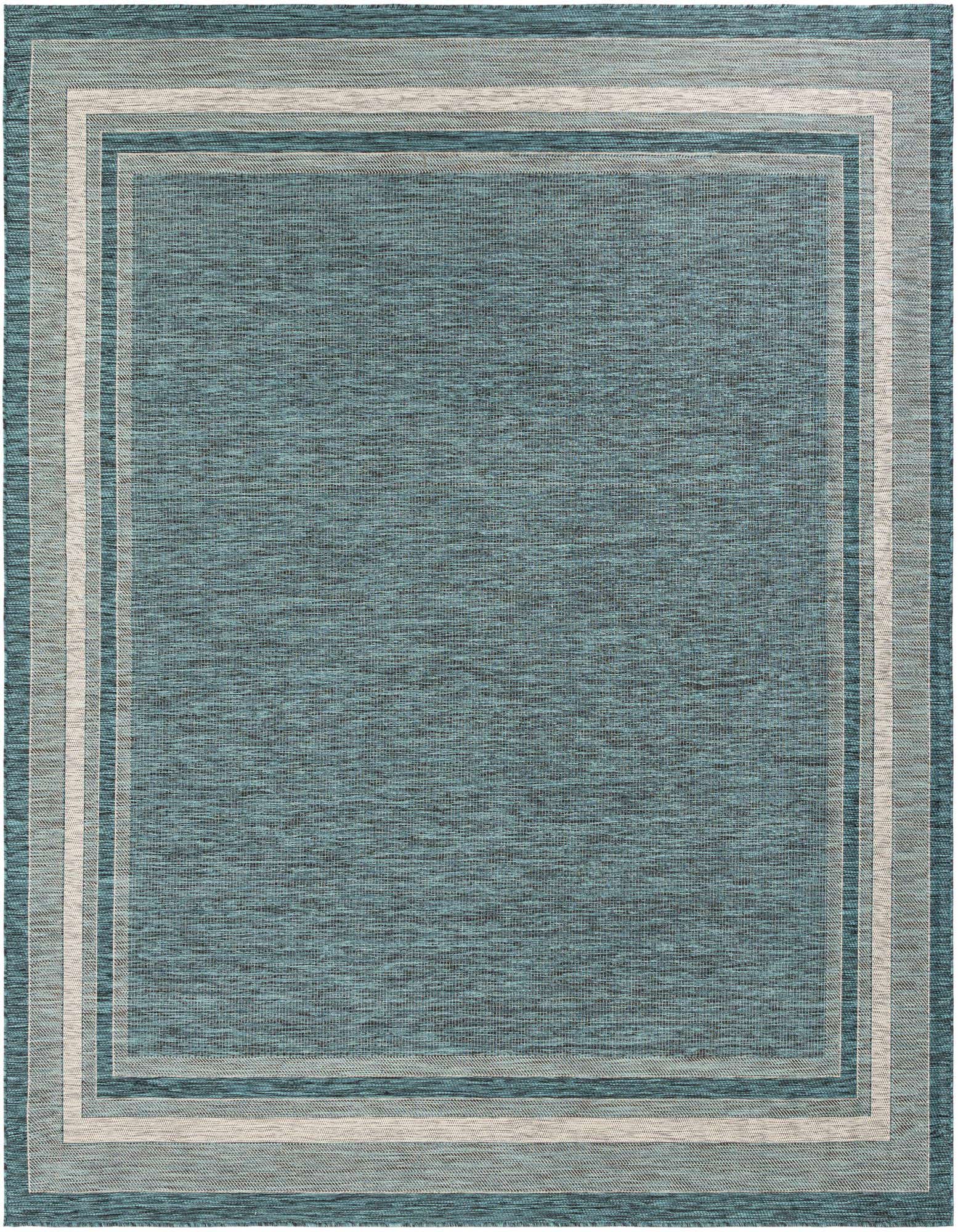 A 10' square indoor/outdoor rug featuring a solid teal blue center with a light blue and off-white striped border.