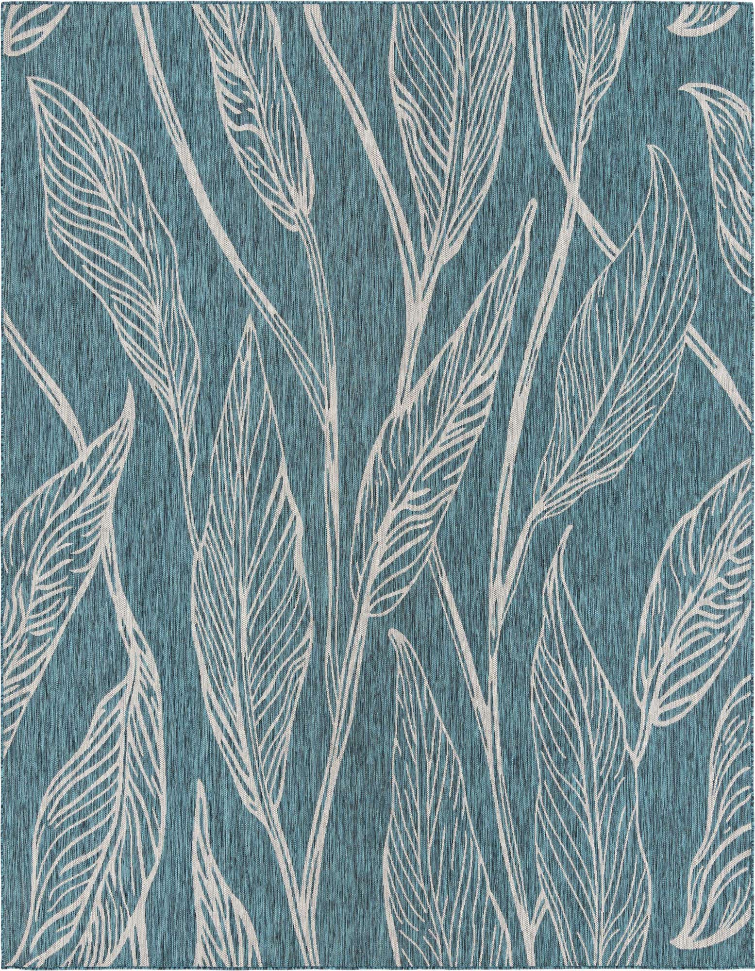 A square blue and green rug with a modern botanical pattern of white outlined leaves, suitable for a patio.