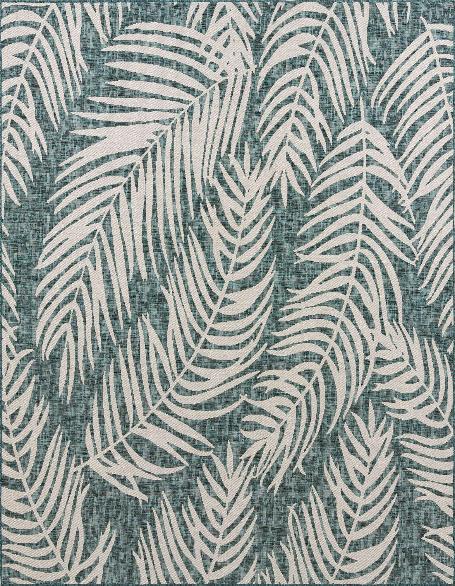 A square 10' 8 x 10' 8 blue and green flatweave rug with a modern tropical palm leaf pattern, perfect for an indoor or outdoor patio.