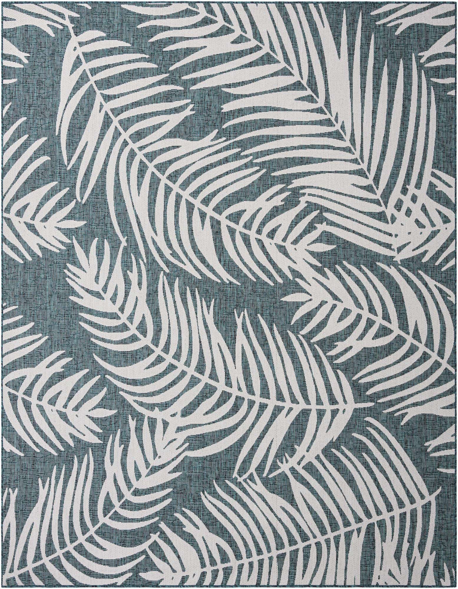 A 10' square blue and white flatweave rug with a modern botanical palm leaf pattern, suitable for indoor/outdoor use.